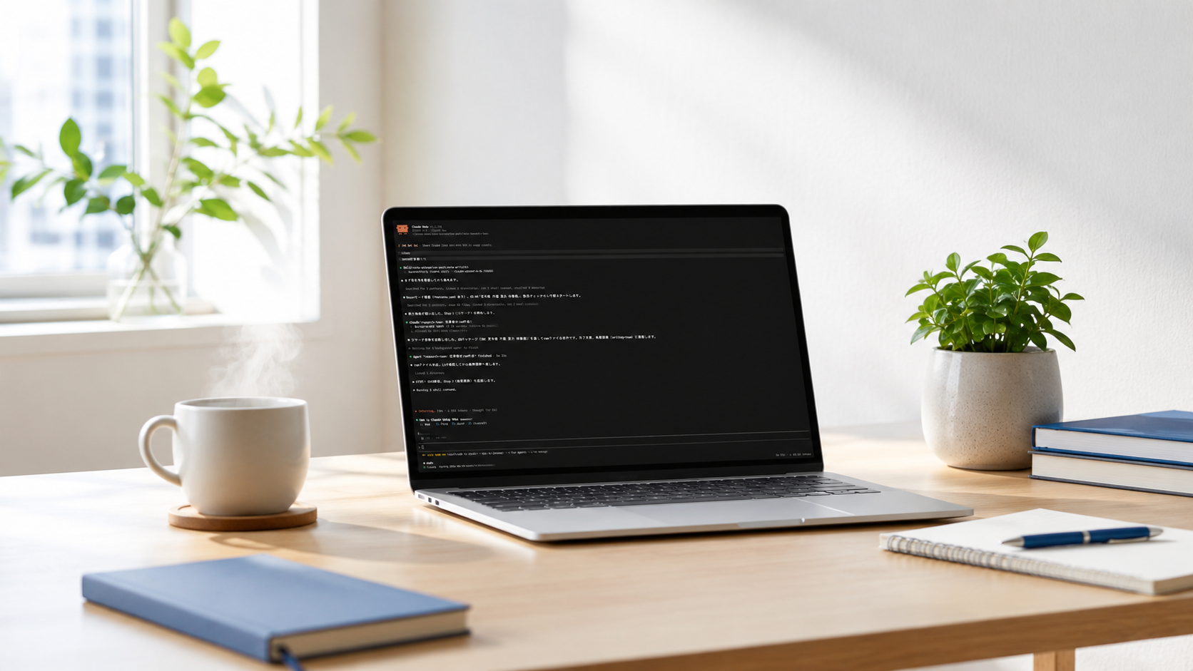 自宅デスクのMacBookで自動的にAIが記事を書いている朝のシーン