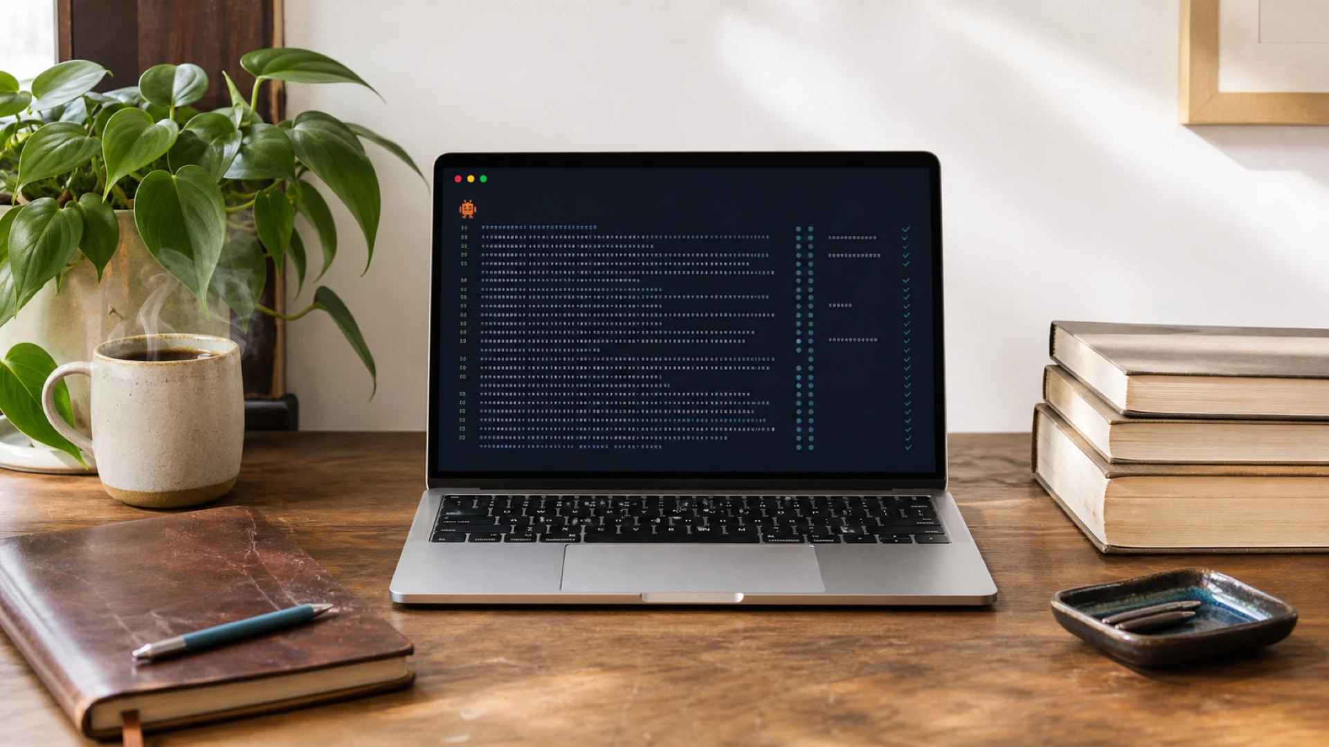 長年使い込まれた自宅の仕事デスク。ターミナル画面のMacBook Airと年季の入ったノート、書籍、コーヒー